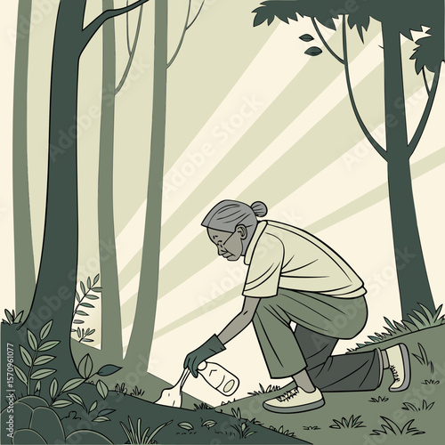 Elderly woman picking up plastic bottle in forest with sunlight