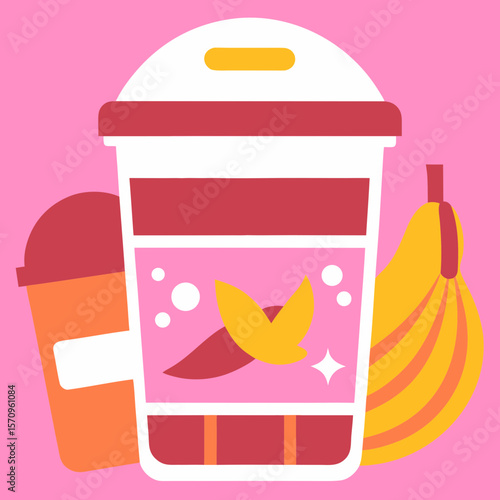 Banana smoothie in flat style with pink background