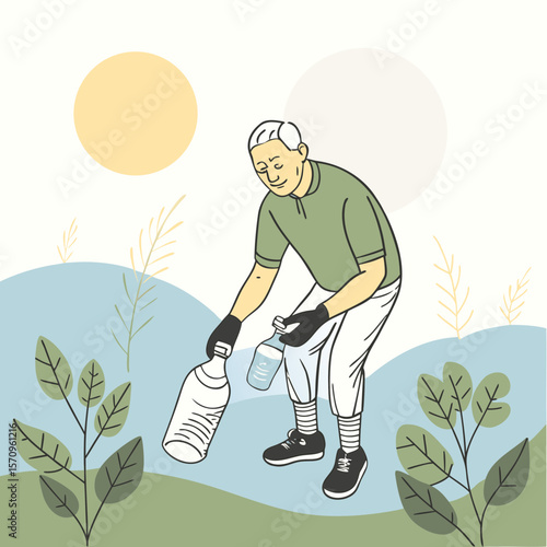 Elderly man picking up plastic bottles in nature with sun background