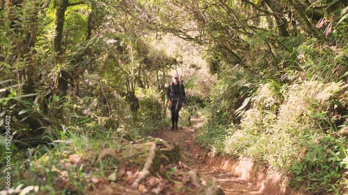 hiker in rainforest near mount pulag, Philippines 