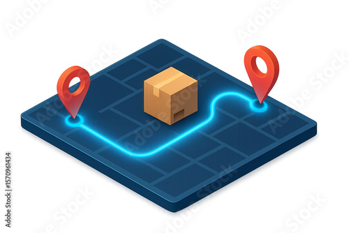 Delivery box on digital map with location pins and route line Isolyate on transparent background