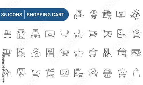 Shopping Cart Web Icons Set in Line or outline Style related to shopping cart, shopping basket, shopping bag. For Web and Mobile Apps. Linear icons collection. Editable strokes. Vector illustration