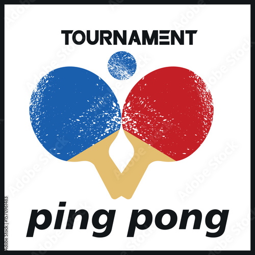 Flat design banner table tennis championship, rackets, ball. Vector graphics, grunge texture, competition of professionals. Decor sport club, small tennis training, activity