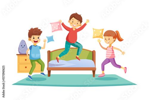 Three happy children having a pillow fight and jumping on a bed in a bedroom