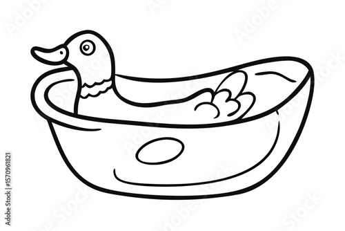 Simple line drawing of a cute duck taking a bath in a tub with bubbles