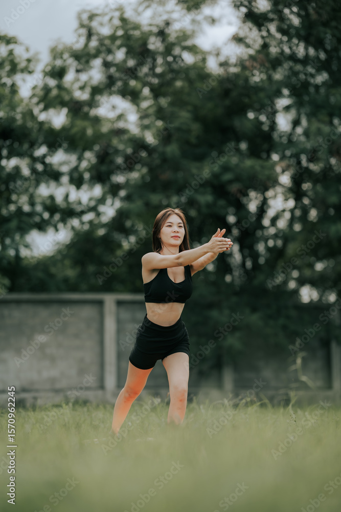 A woman practices yoga outdoors on a grassy field, wearing activewear, stretching gracefully in a calm, natural setting, promoting wellness, flexibility, focus, and a healthy lifestyle. A woman practices yoga outdoors on a grassy field, wearing activewear, stretching gracefully in a calm, natural setting, promoting wellness, flexibility, focus, and a healthy lifestyle.