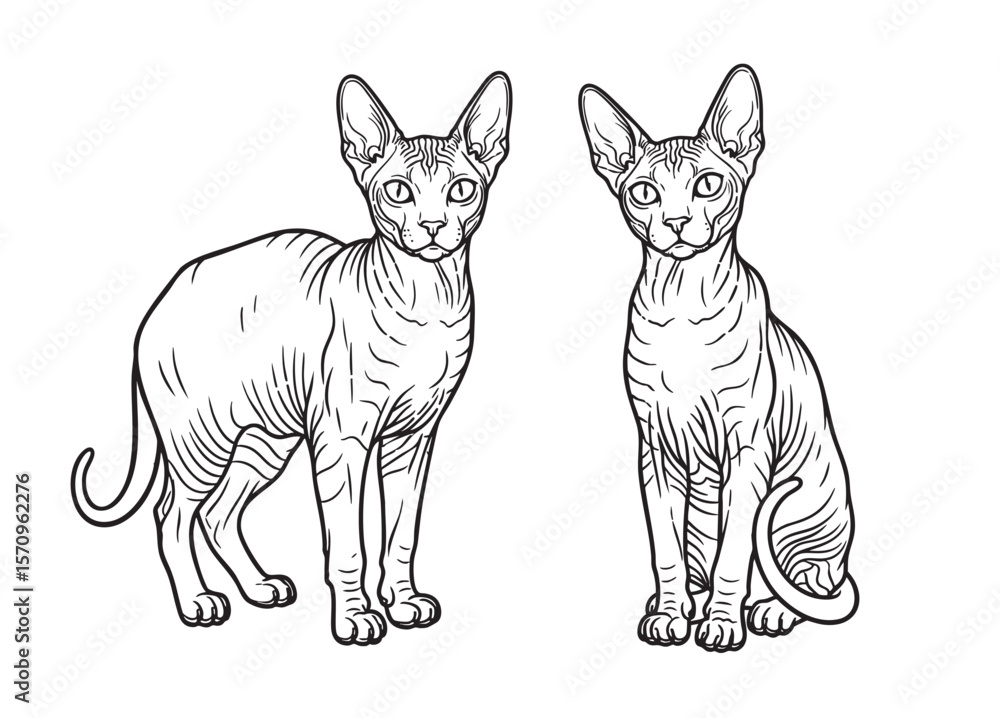 Obraz premium Vector of striking outline illustration of two Donskoy cats, one standing and one sitting, showcasing their unique hairless appearance. Pet.