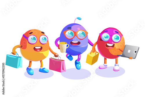 Three colorful cartoon egg characters with shopping bags and a laptop enjoying a day out