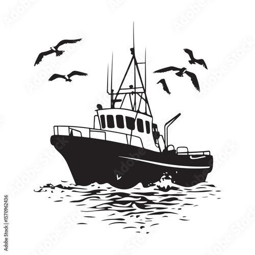Commercial Fishing Boat Silhouette Illustration Seagulls Flying Maritime Scene 