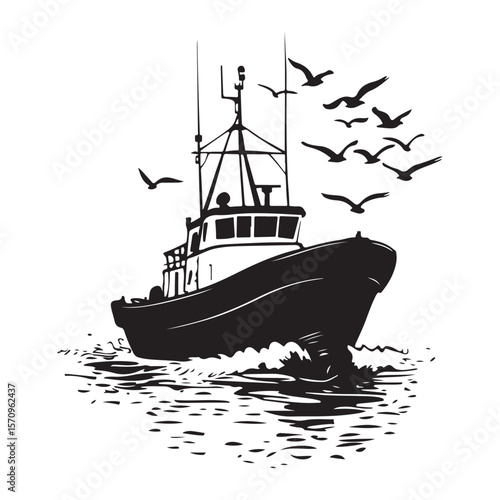Commercial Fishing Boat Silhouette Illustration Seagulls Flying Maritime Scene 