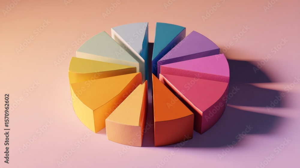 Obraz premium Colorful D pie chart with each segment slightly lifted, casting shadows on a gradient background for a clean and contemporary aesthetic