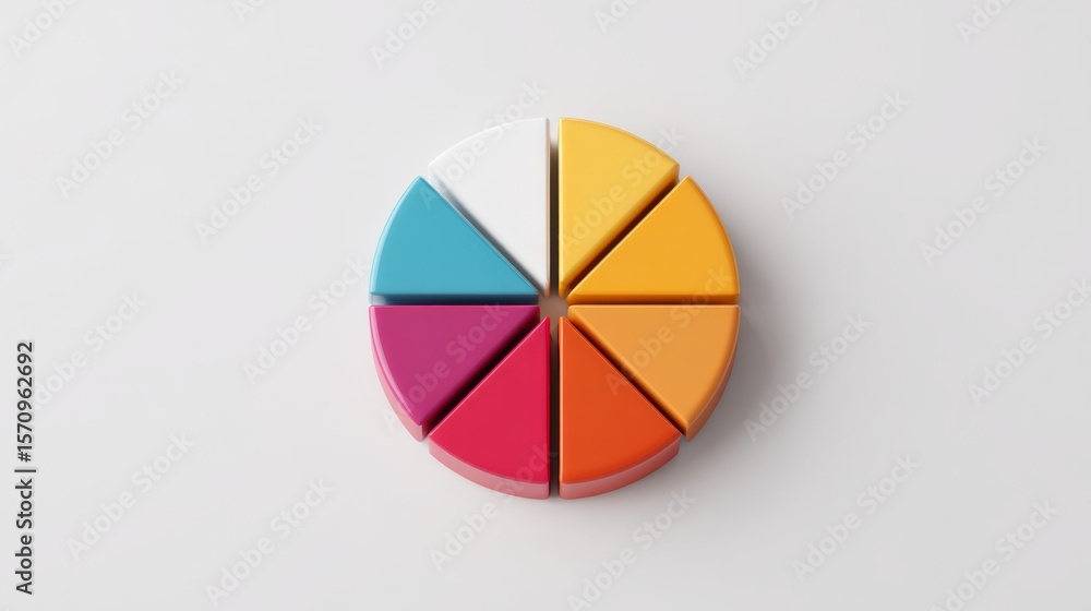 Fototapeta premium Colorful pie chart on a plain white background, segmented in bold colors with a shadow effect for a clean and visually appealing presentation