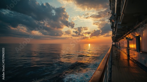 Sunset view from a cruise ship deck over calm ocean waters with dramatic clouds and golden reflections, perfect for travel promotions, cruise brochures and summer escape visuals