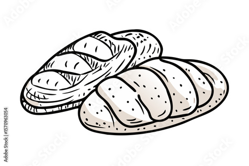 Two delicious loaves of bread one dark and one light illustrated with a hand drawn style