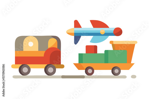 Colorful toy train carrying cargo and a toy airplane flying overhead against a black background
