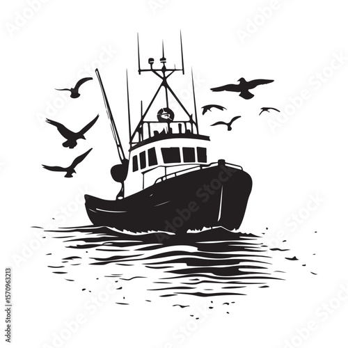 Commercial Fishing Boat Silhouette Illustration Seagulls Flying Maritime Scene 