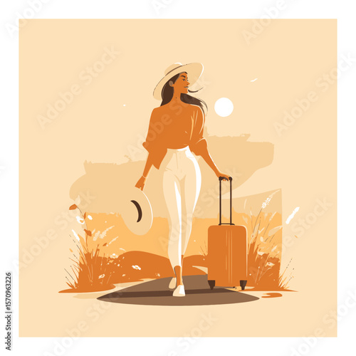 Woman Walking with Luggage on a Scenic Path in Warm Color Palette