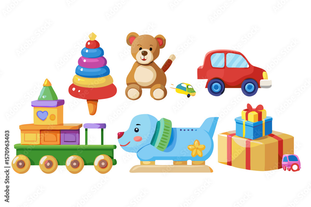 Fototapeta premium Collection of colorful children s toys including a train teddy bear stacking rings cars and gifts