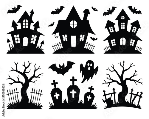Black silhouettes of haunted houses, bats, tombstones, trees, and ghost for halloween design vector