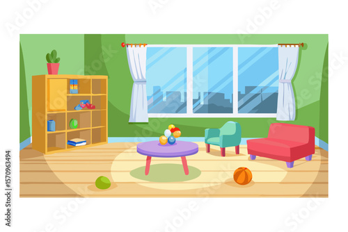 Bright and cheerful cartoon living room with toys and a large window overlooking a city skyline