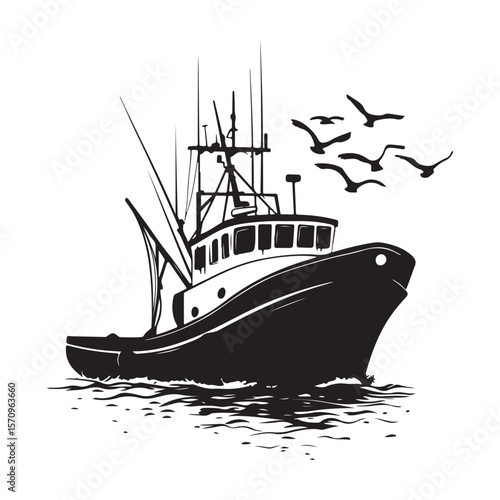 Commercial Fishing Boat Silhouette Illustration Seagulls Flying Maritime Scene 