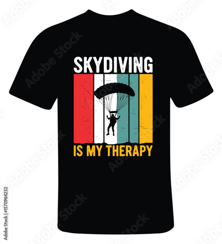 Skydiving T-Shirt Design – Parachute Silhouette with Vintage Striped Background and Quote