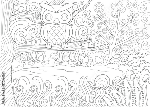 Detailed black and white outline drawing of a nocturnal owl in a fantasy forest, ideal for mindfulness and creative projects.