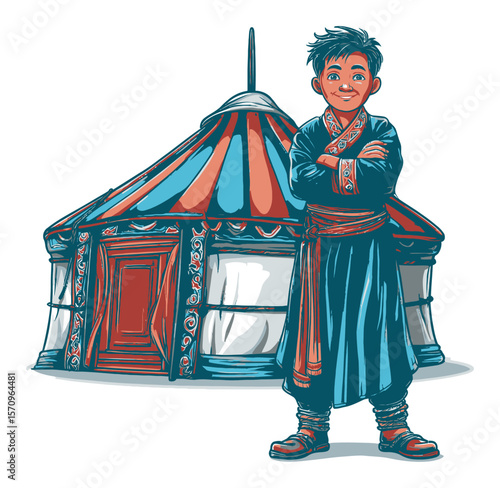 Young Boy in Traditional Attire with Colorful Yurt in Background