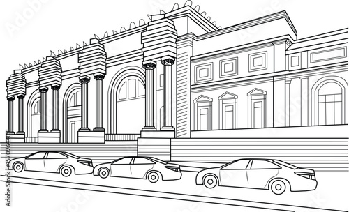 Illustrative line drawing of The Met museum in New York City with classical facade and street view, ideal for architectural and urban themes.