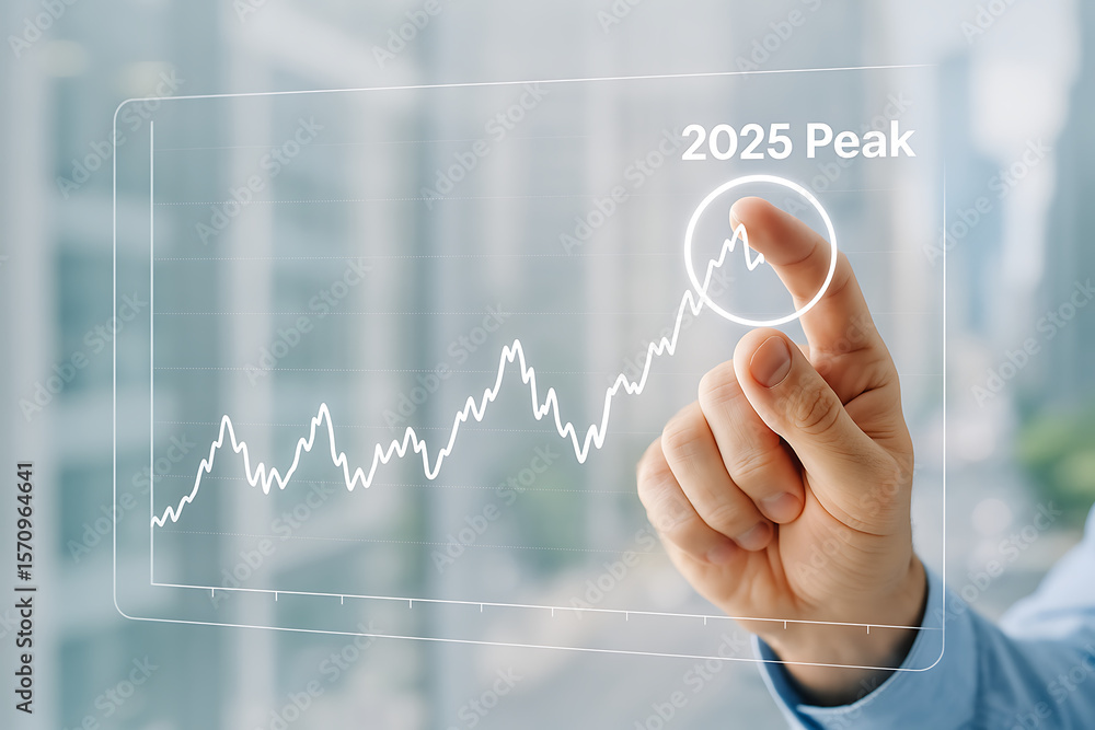 Obraz premium A hand pointing at a graph with the words peak and the year twenty twenty five on a glass screen