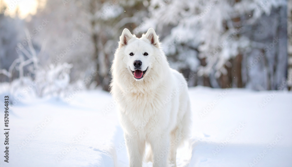 the image showcases a fluffy white canine standing in a snow covered area the image showcases a fluffy white canine standing in a snow covered area