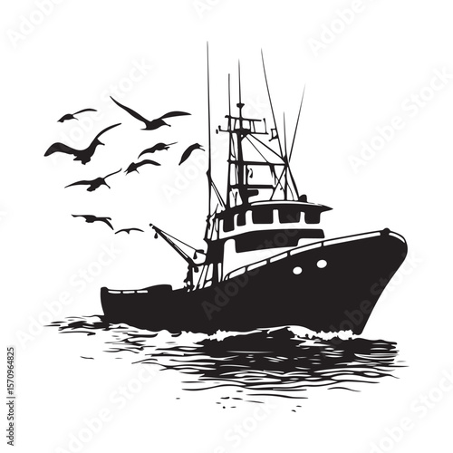 Commercial Fishing Boat Silhouette Illustration Seagulls Flying Maritime Scene 