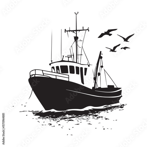 Commercial Fishing Boat Silhouette Illustration Seagulls Flying Maritime Scene 