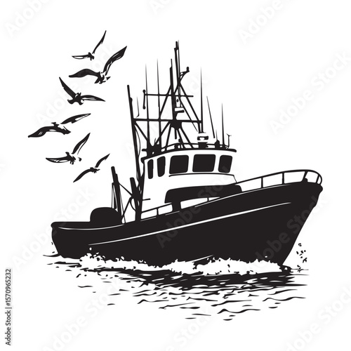 Commercial Fishing Boat Silhouette Illustration Seagulls Flying Maritime Scene 