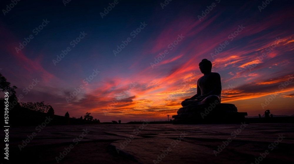 Silhouette of a serene Buddha statue against a vibrant sunset, casting a long shadow on the ground, creating a peaceful and contemplative atmosphere Silhouette of a serene Buddha statue against a vibrant sunset, casting a long shadow on the ground, creating a peaceful and contemplative atmosphere
