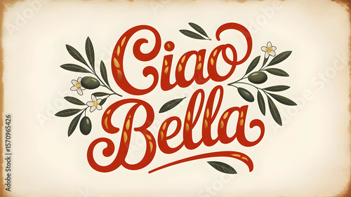 Ciao Bella – Olive Twig Design on Vintage Paper (16:9 Unique Format)