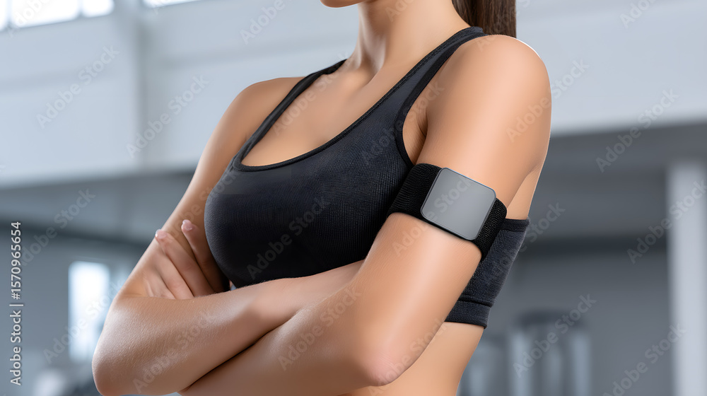 Fototapeta premium Woman wearing black flexible armband device for fitness tracking. Modern wearable technology concept for health, sport, and digital lifestyle visuals.