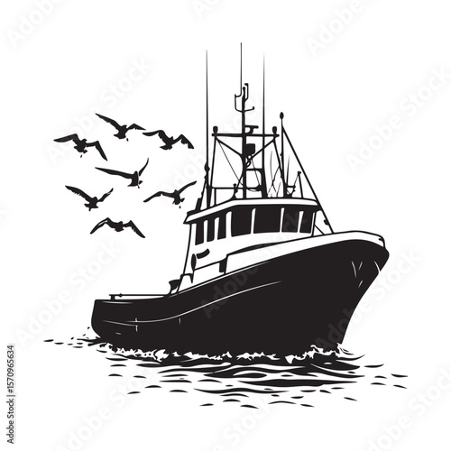 Commercial Fishing Boat Silhouette Illustration Seagulls Flying Maritime Scene 