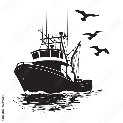Commercial Fishing Boat Silhouette Illustration Seagulls Flying Maritime Scene 