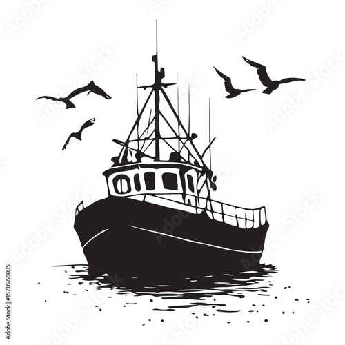Commercial Fishing Boat Silhouette Illustration Seagulls Flying Maritime Scene 