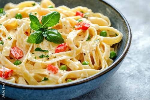 Creamy pasta dish with vegetables.