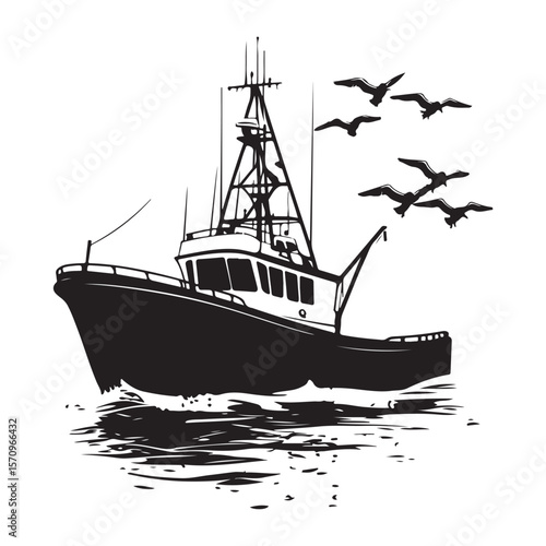 Commercial Fishing Boat Silhouette Illustration Seagulls Flying Maritime Scene 