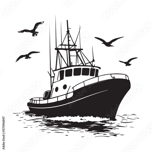 Commercial Fishing Boat Silhouette Illustration Seagulls Flying Maritime Scene 
