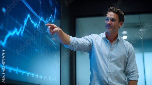 confident businessman pointing to a growth chart on a digital screen during presentation, modern boardroom, smart casual outfit