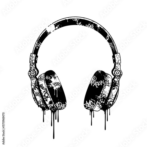 Black and white headphones with graffiti style design and drips art