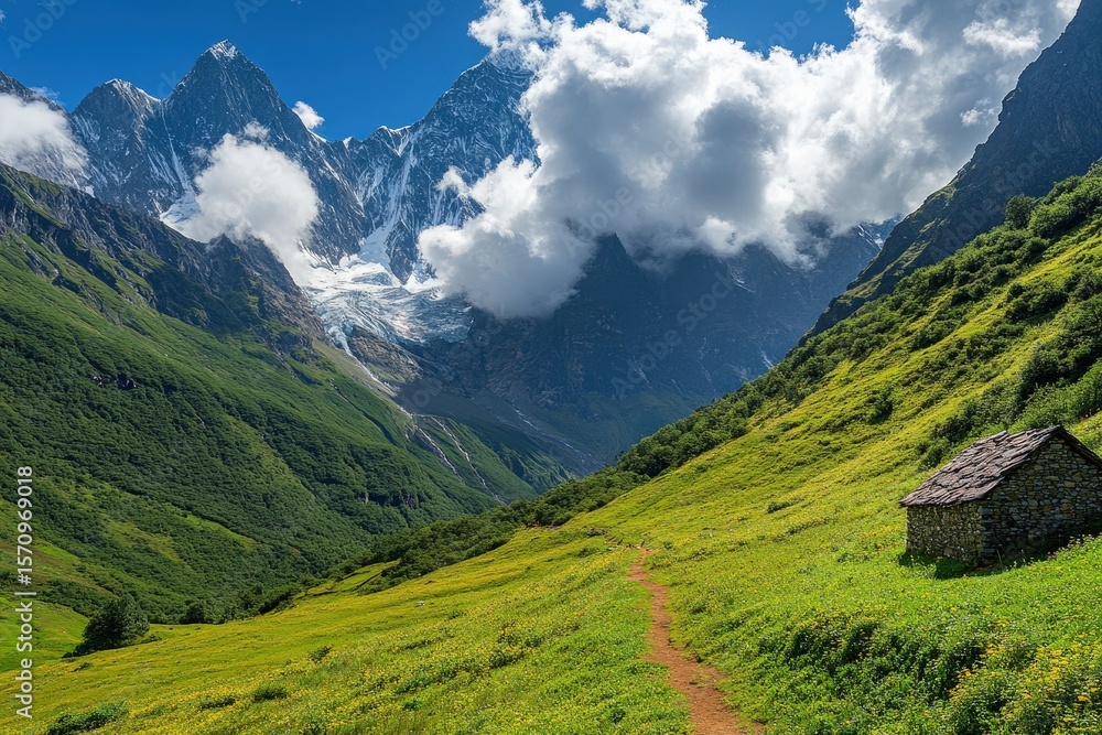 Fototapeta premium Lush mountain valley with a stone hut.