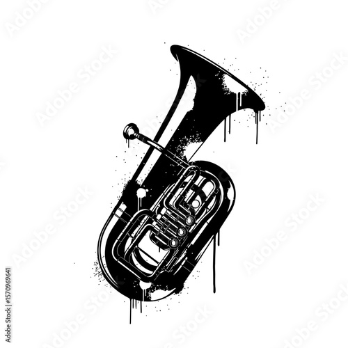 Illustration of a tuba with dripping paint in black and white style