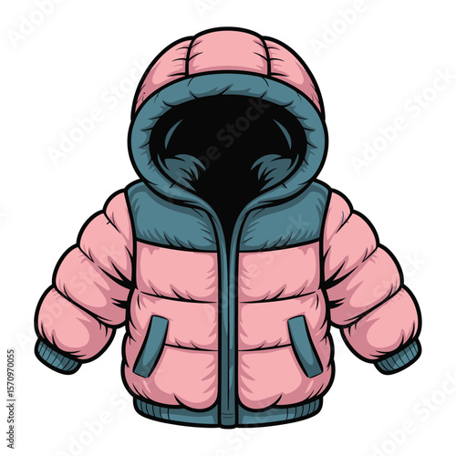 Cute cartoon pink puffer jacket with teal accents and hood for children