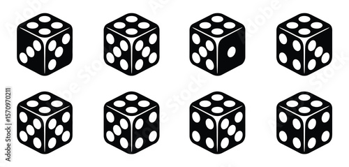 Collection of eight black dice with white dots arranged in rows