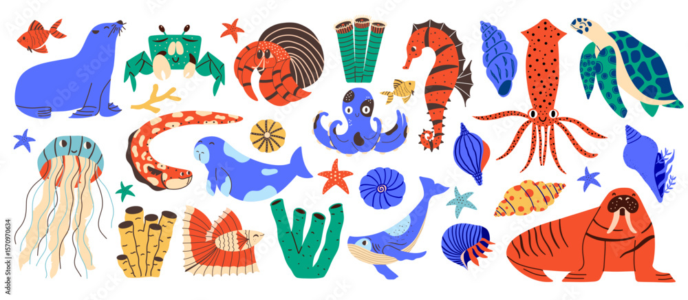 Fototapeta premium Set of sea animals and fish. Marine creatures hand drawn graphic collection. Cute and funny vector illustration